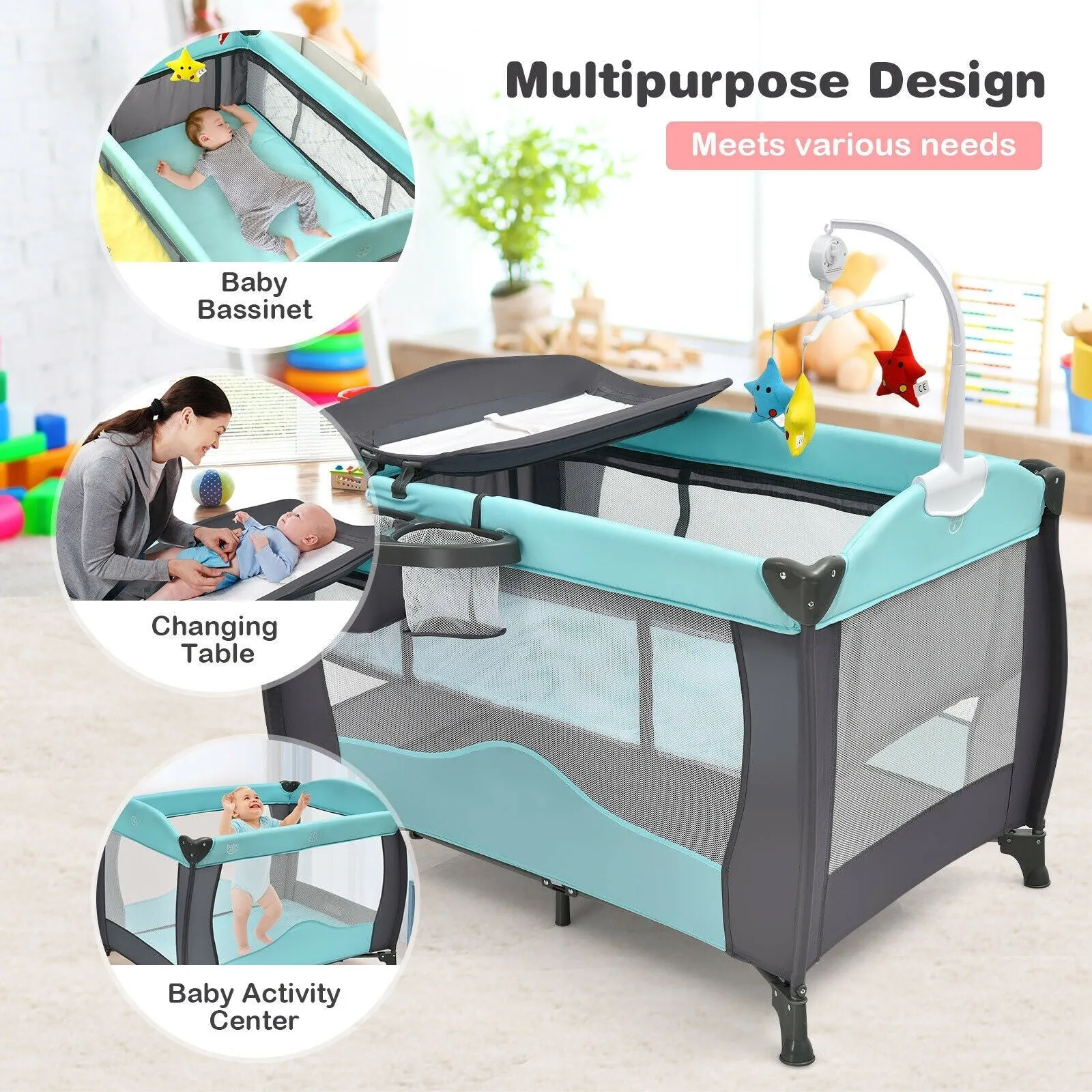 3 in 1 Baby Playard Portable Infant Nursery Center with Music Box-Green