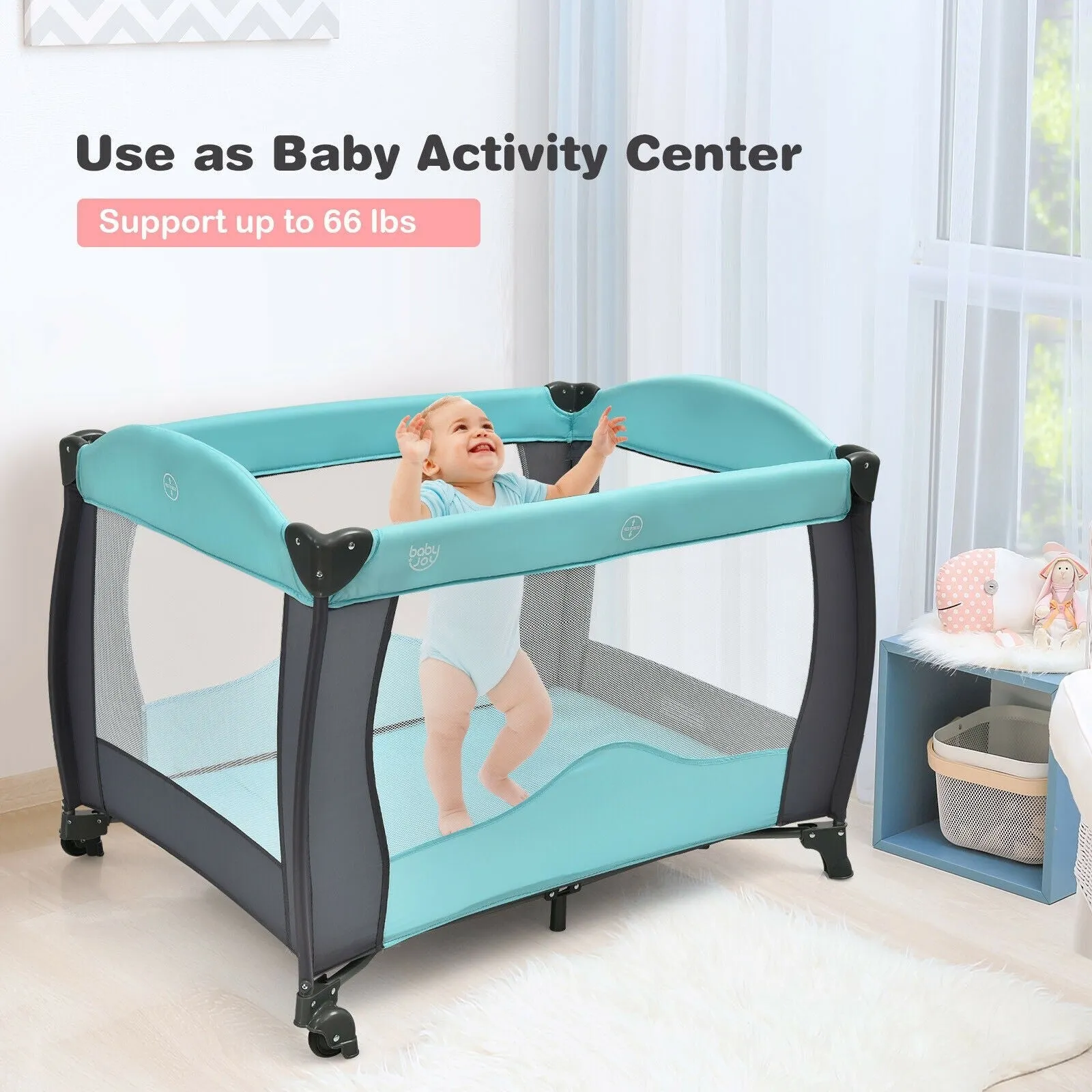 3 in 1 Baby Playard Portable Infant Nursery Center with Music Box-Green