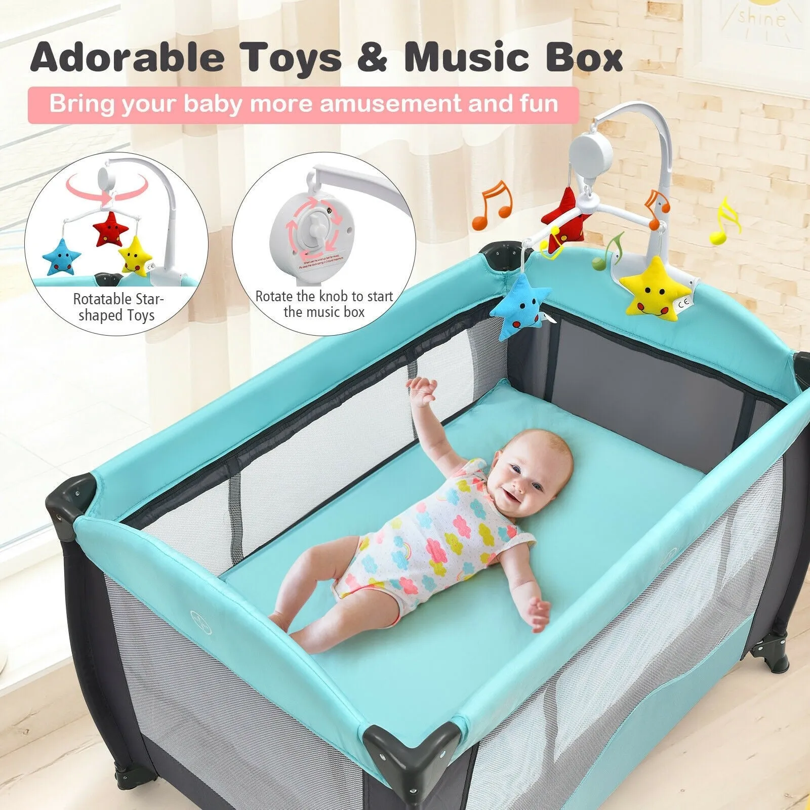 3 in 1 Baby Playard Portable Infant Nursery Center with Music Box-Green