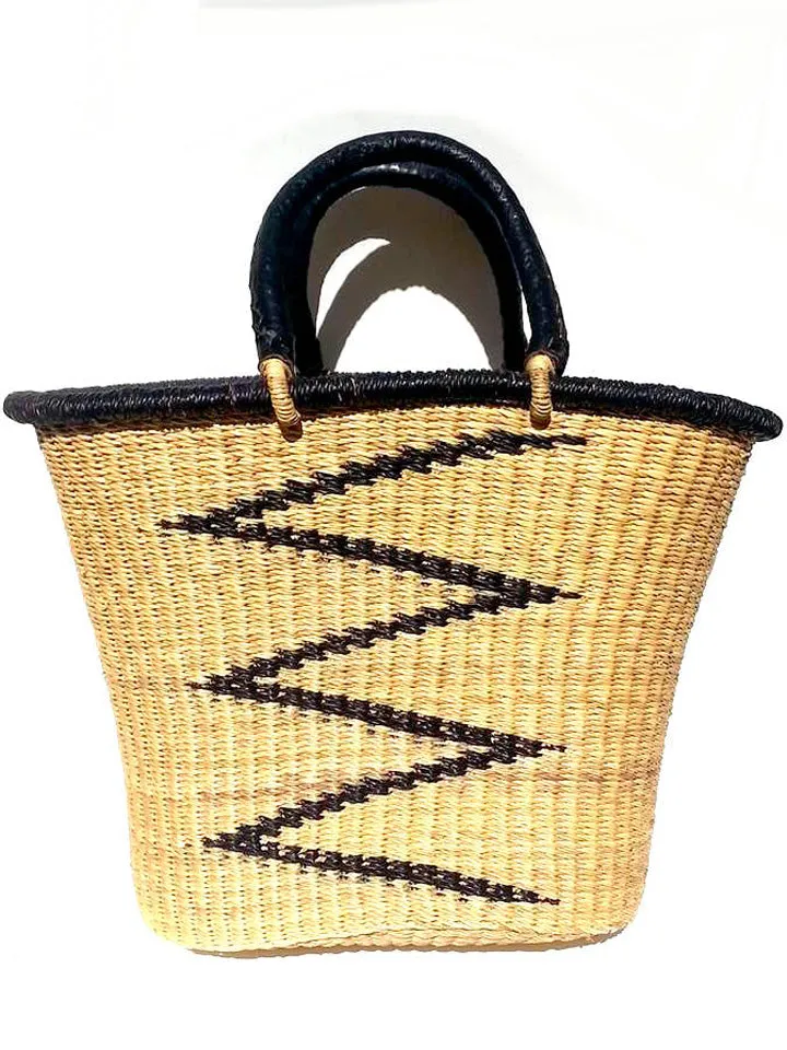 African Market Bucket Tote Bag Leather Handles