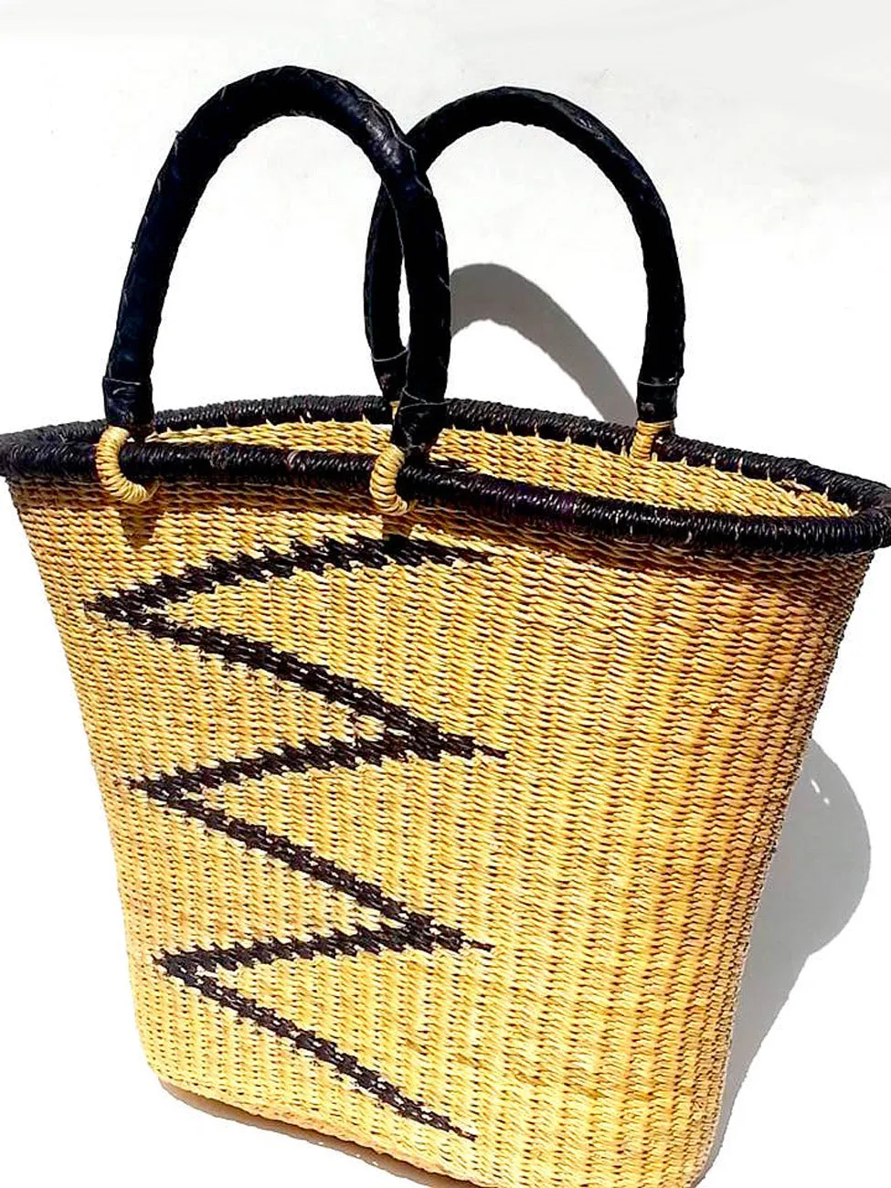 African Market Bucket Tote Bag Leather Handles