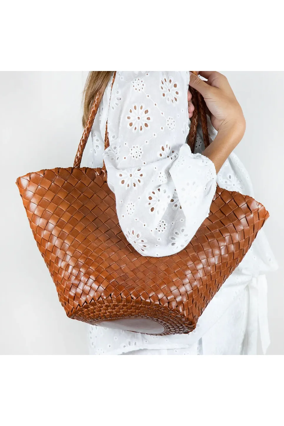 Allan K Percy Toledo Leather Woven Shoulder Bag | Cognac