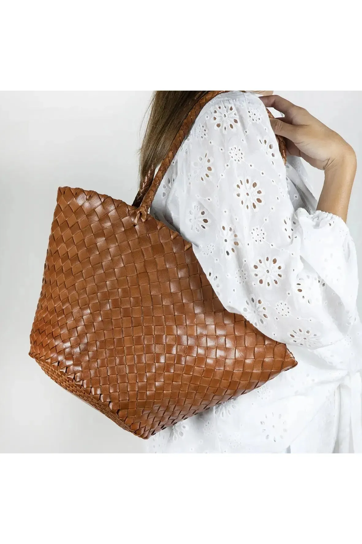 Allan K Percy Toledo Leather Woven Shoulder Bag | Cognac