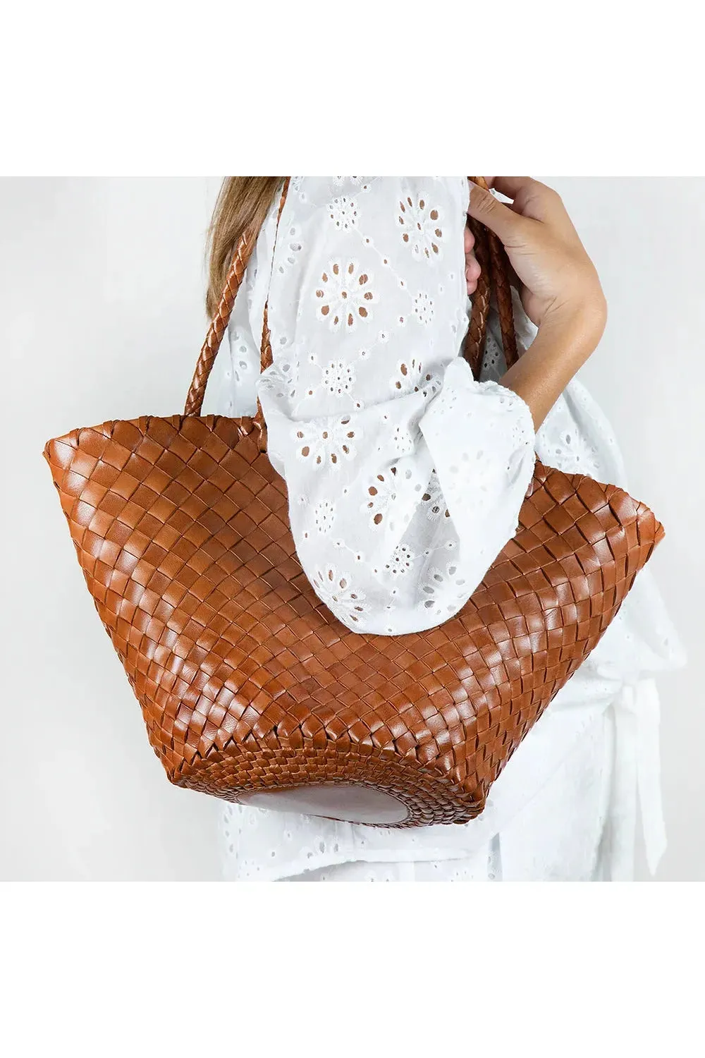 Allan K Percy Toledo Leather Woven Shoulder Bag | Cognac