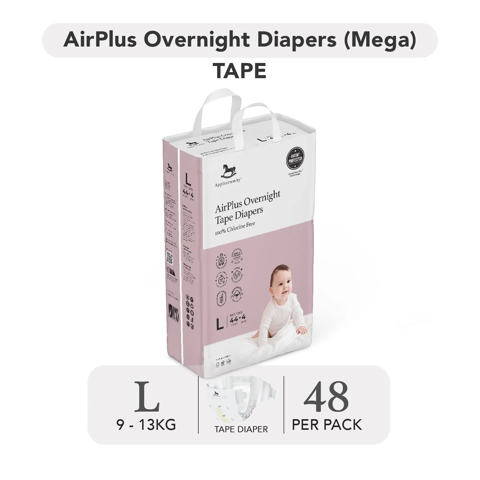 Applecrumby AirPlus Overnight Tape Diapers - S56 / M52 / L48 / XL42