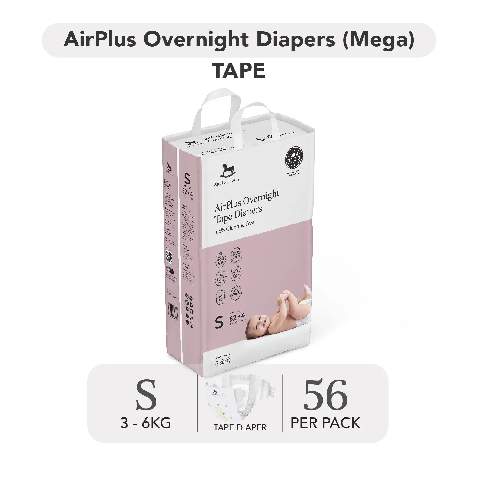 Applecrumby AirPlus Overnight Tape Diapers - S56 / M52 / L48 / XL42