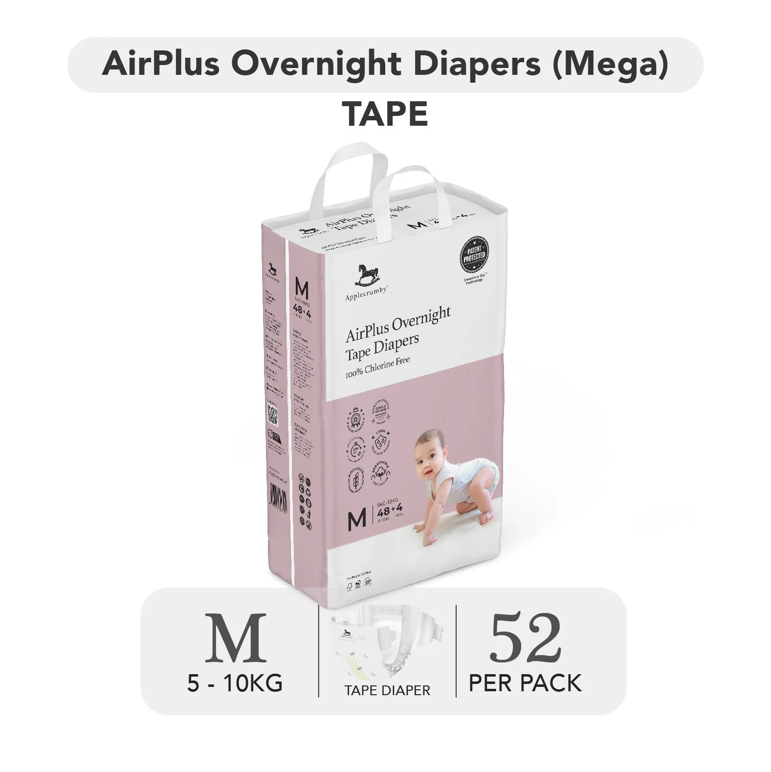 Applecrumby AirPlus Overnight Tape Diapers - S56 / M52 / L48 / XL42