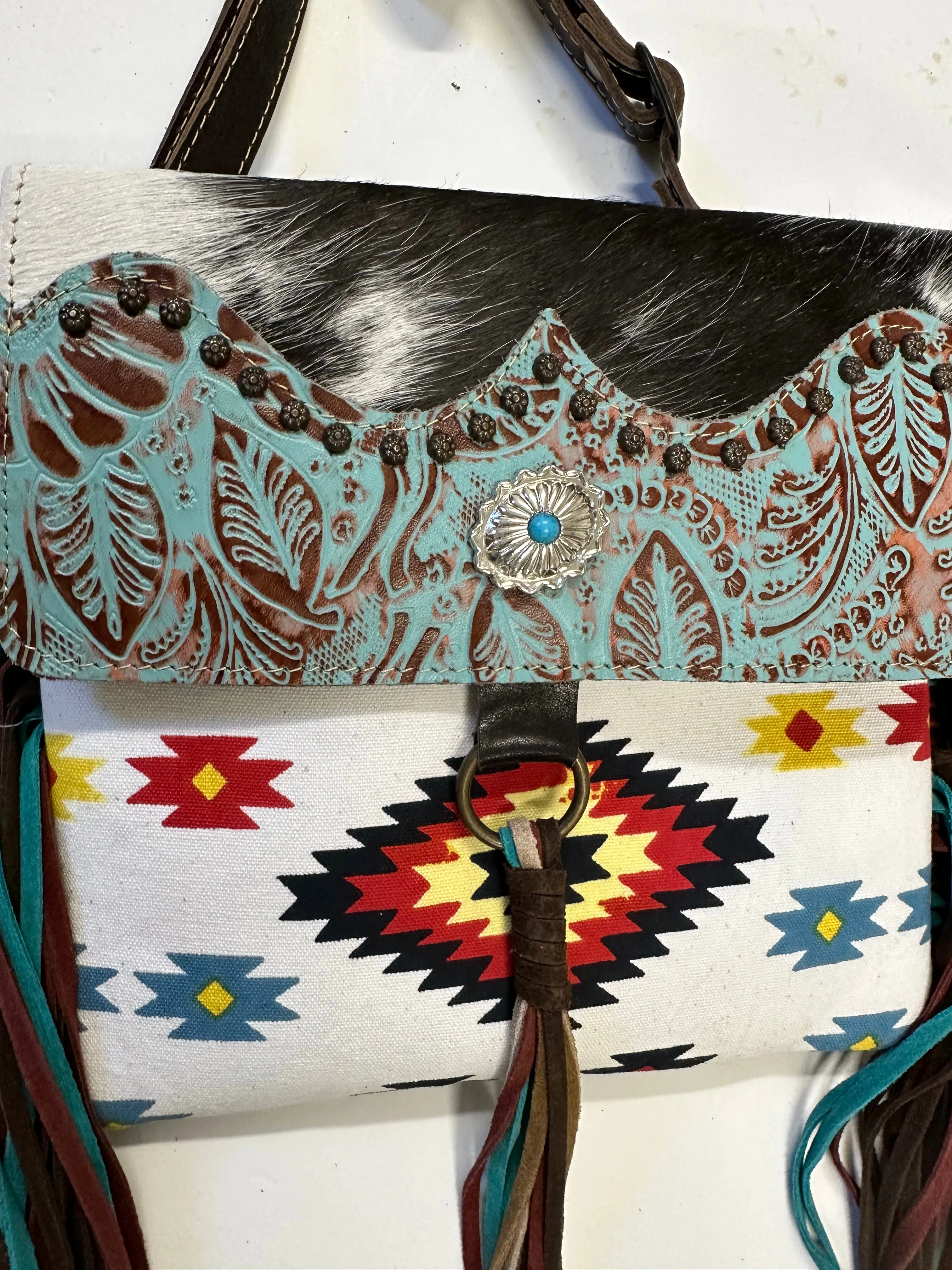 beautiful turquoise leather tooled fringe western purse