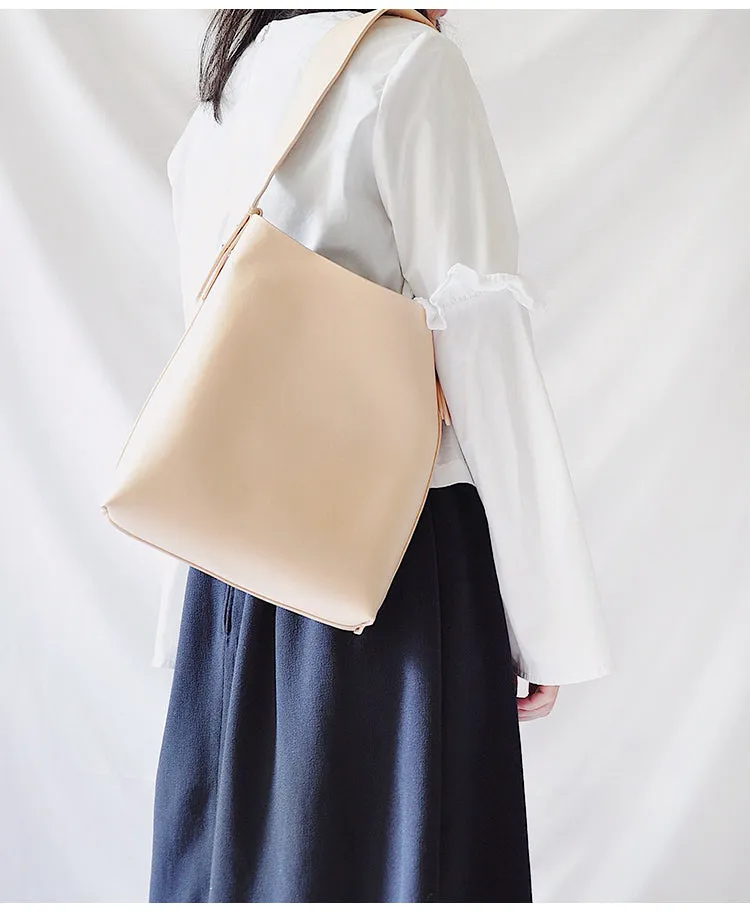 Beige Leather Women Tote Bucket Bag Shoulder Bag For Women