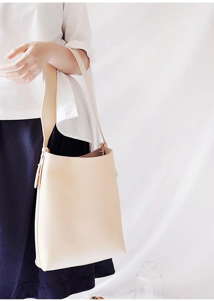 Beige Leather Women Tote Bucket Bag Shoulder Bag For Women