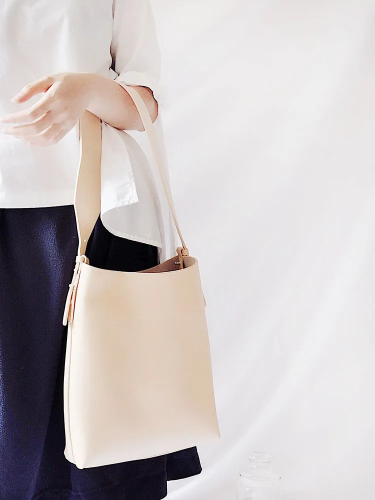 Beige Leather Women Tote Bucket Bag Shoulder Bag For Women