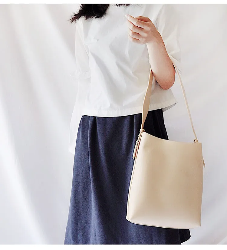 Beige Leather Women Tote Bucket Bag Shoulder Bag For Women