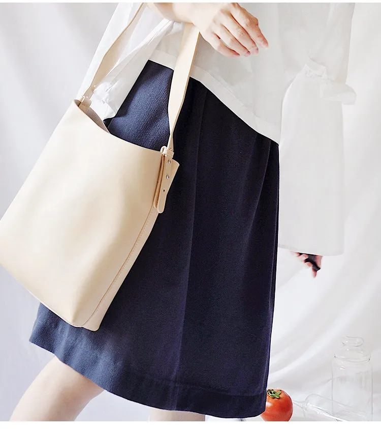 Beige Leather Women Tote Bucket Bag Shoulder Bag For Women