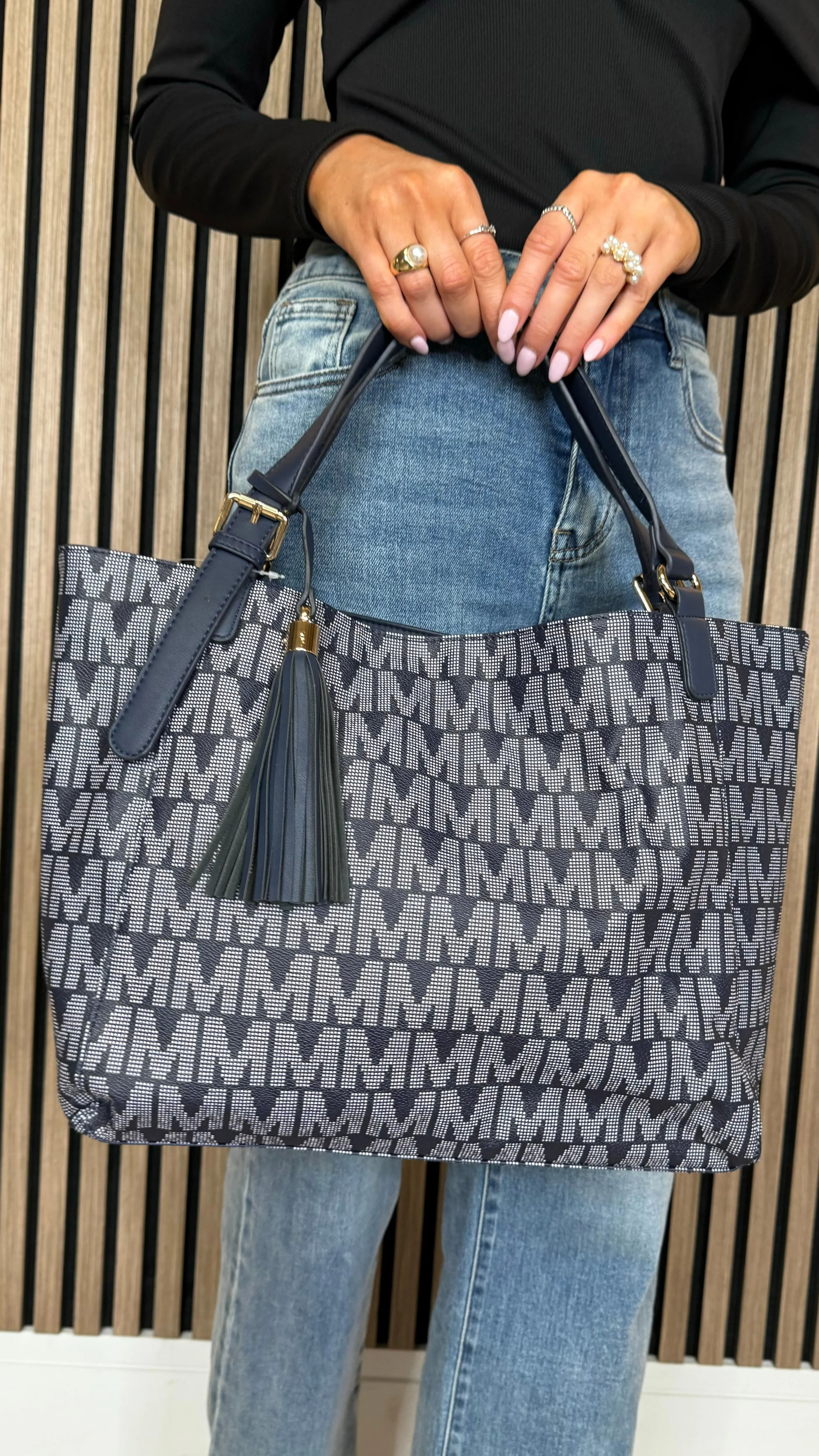 Benton Navy Printed Leather Look Handbag