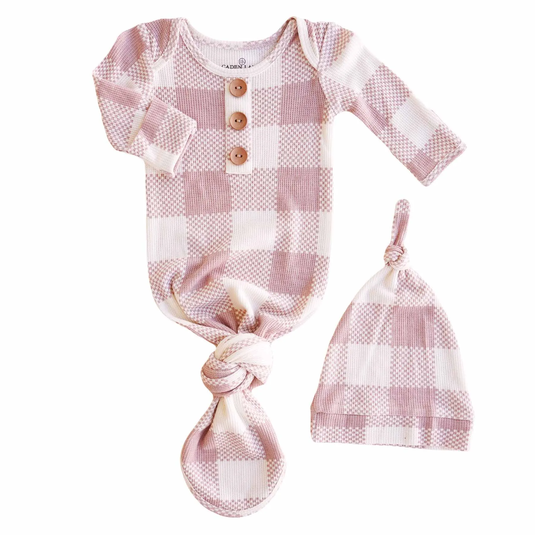 Big Check Waffle Bamboo Newborn Baby Knot Gown & Hat Set | Rosy