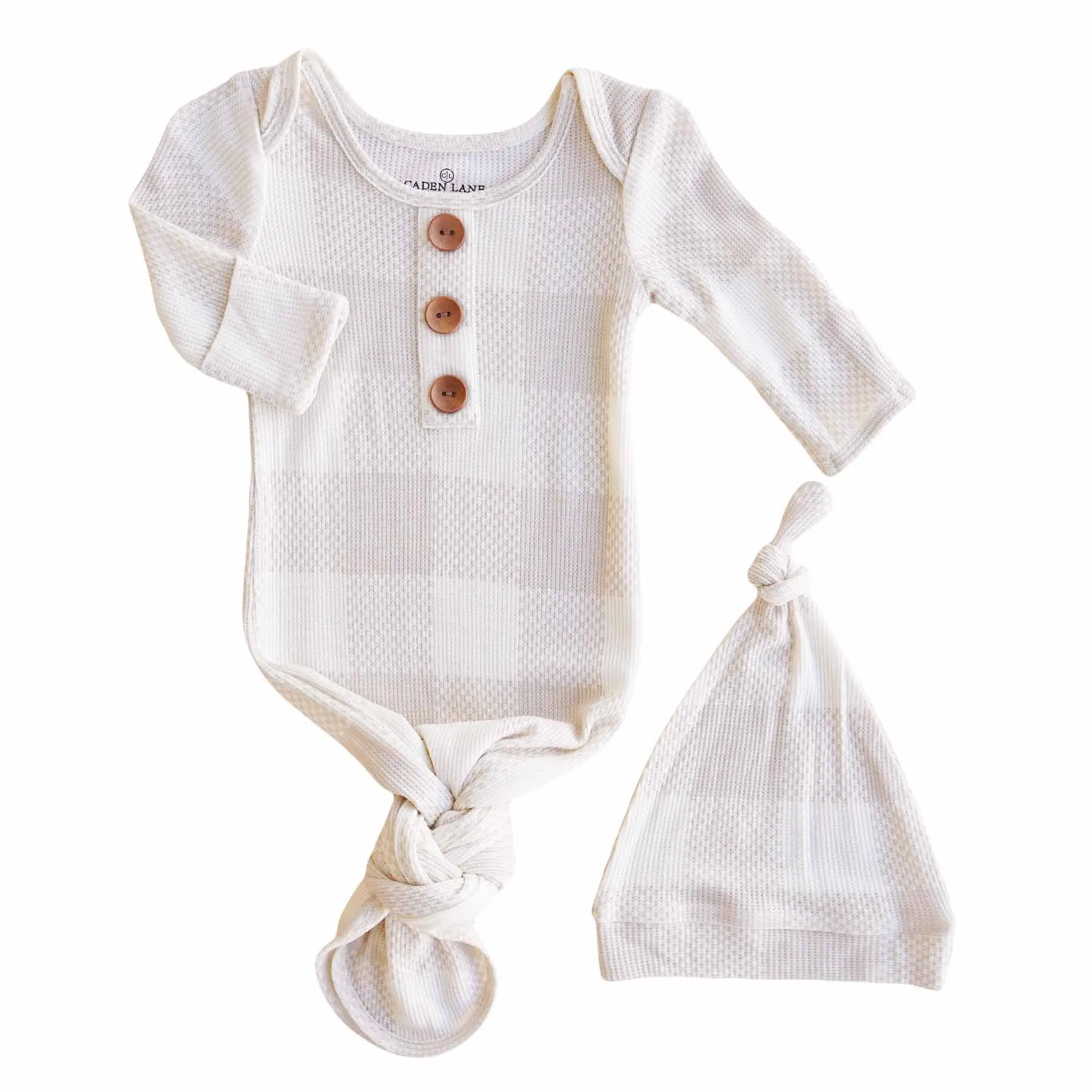 Big Check Waffle Bamboo Newborn Baby Knot Gown & Hat Set | Sand