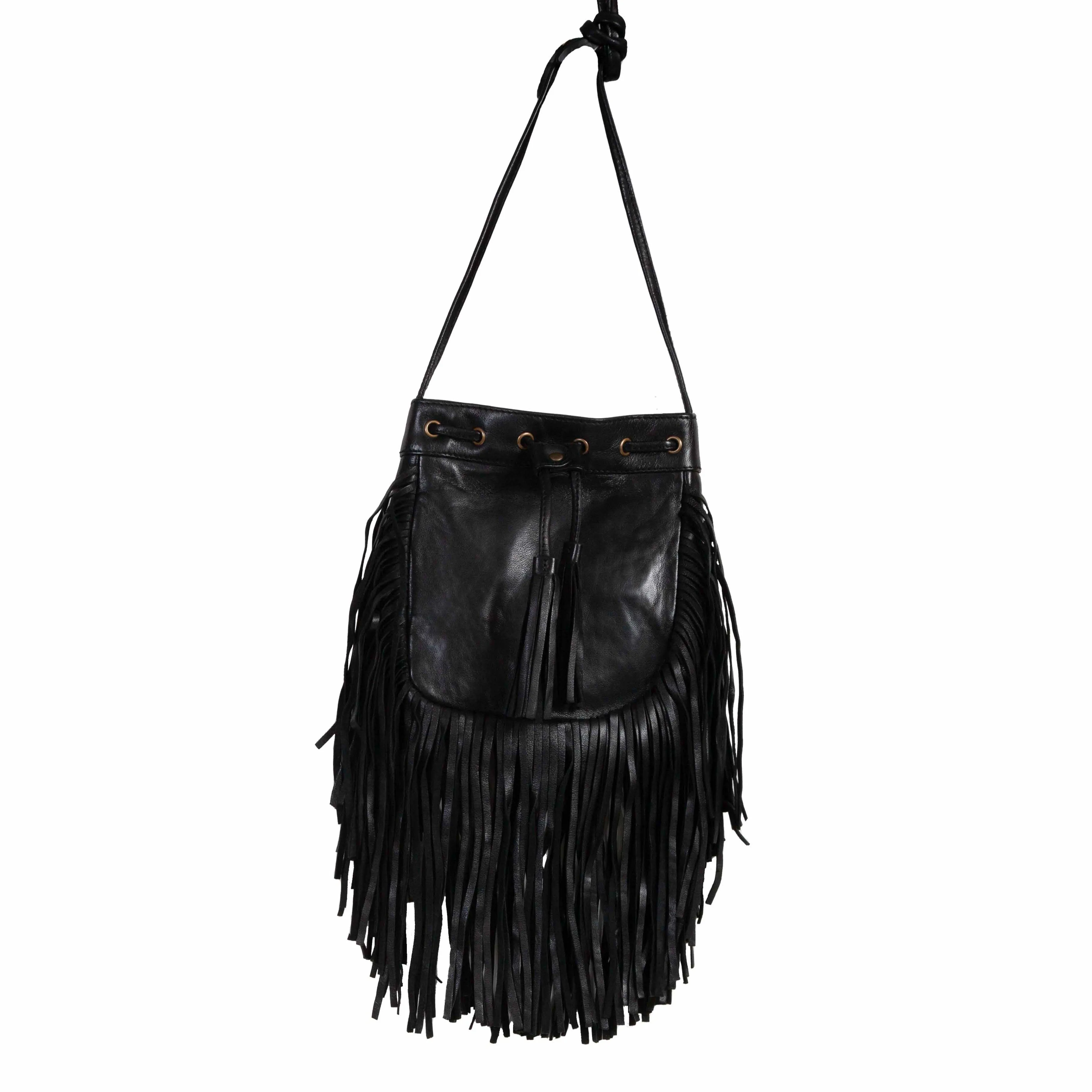 Black Fringe Leather Handbag with Tassels Purse at Bourbon Cowgirl