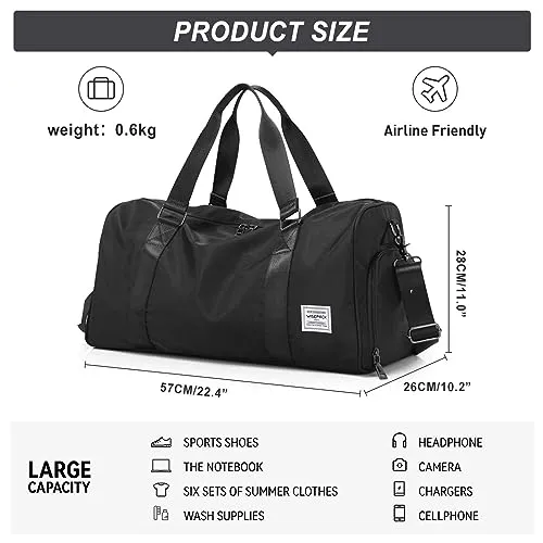 Black Gym Bag for Women Men with Shoe Compartment, Small Workout Sport Duffel Bag, Waterproof Travel Weekender Shoulder Overnight Carry on Bag Tote Bag for Swim, Yoga, Dance