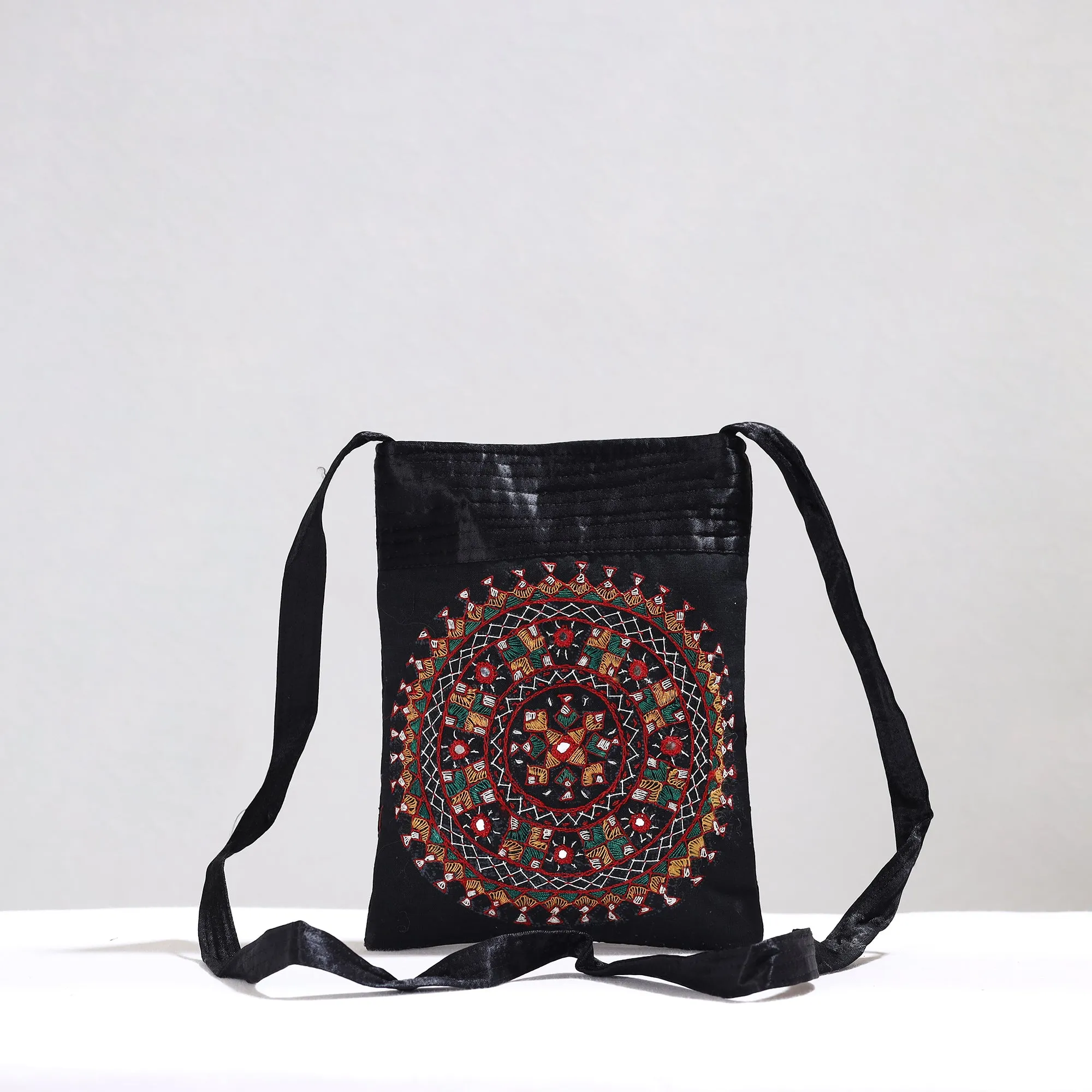 Black - Kutch Neran Hand Embroidery Mirror Work Mashru Silk Sling Bag 17