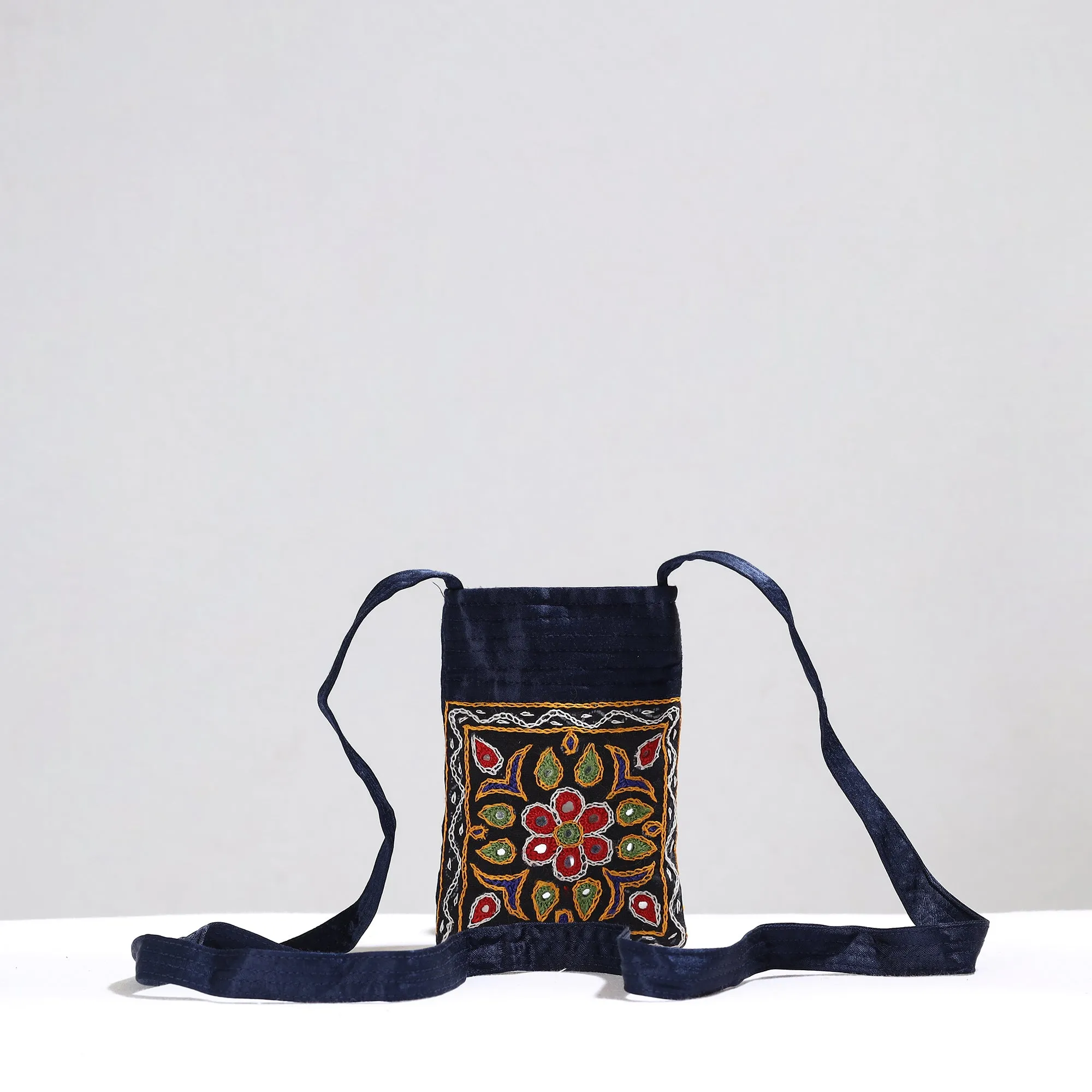 Black - Kutch Pakko Hand Embroidery Mirror Work Mashru Silk Sling Bag 85