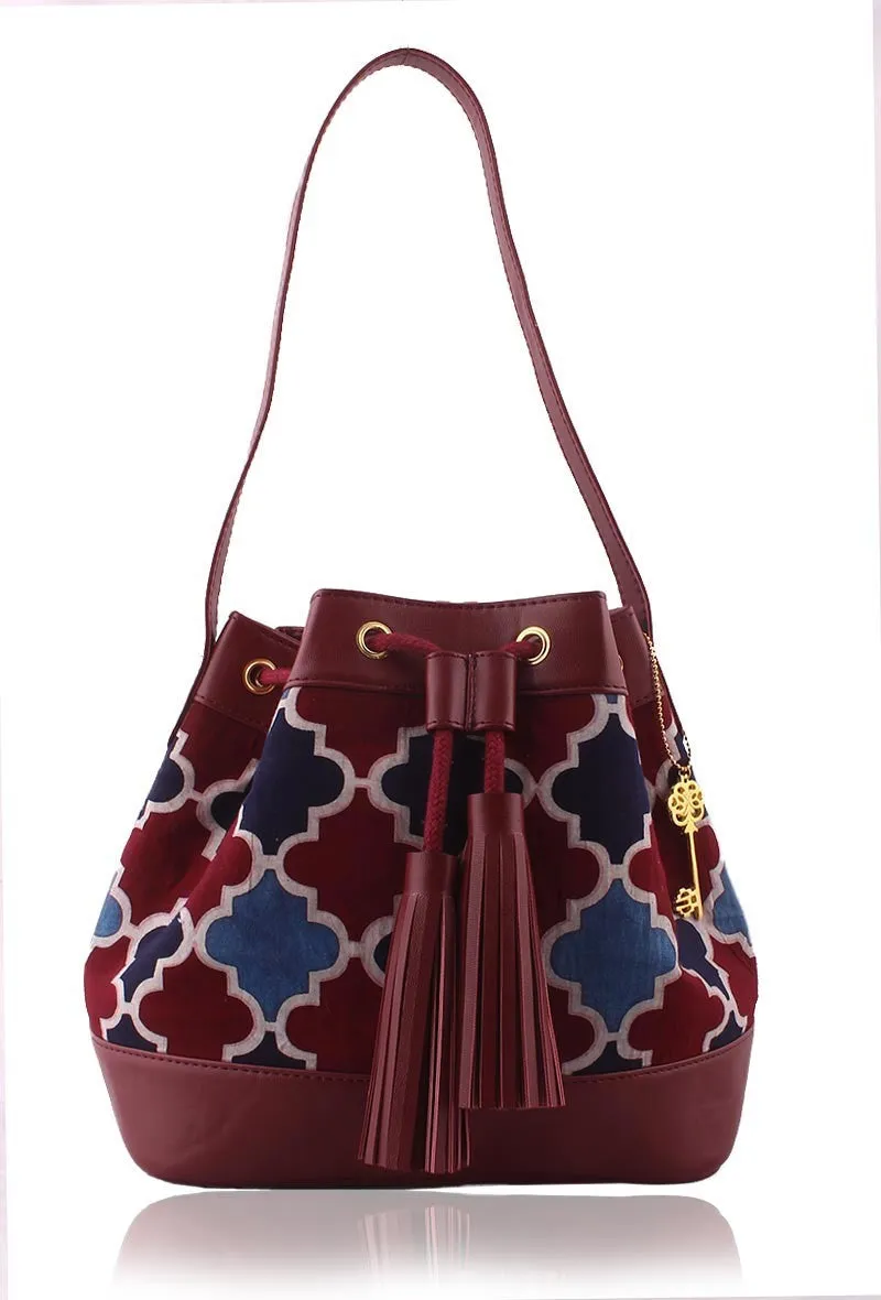 Burgundy Ajrakh Print Bucket Bag