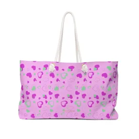 Candy Pink Hearts Tote, Valentine's Day Designer Oversized Weekender Bag- Made in USA