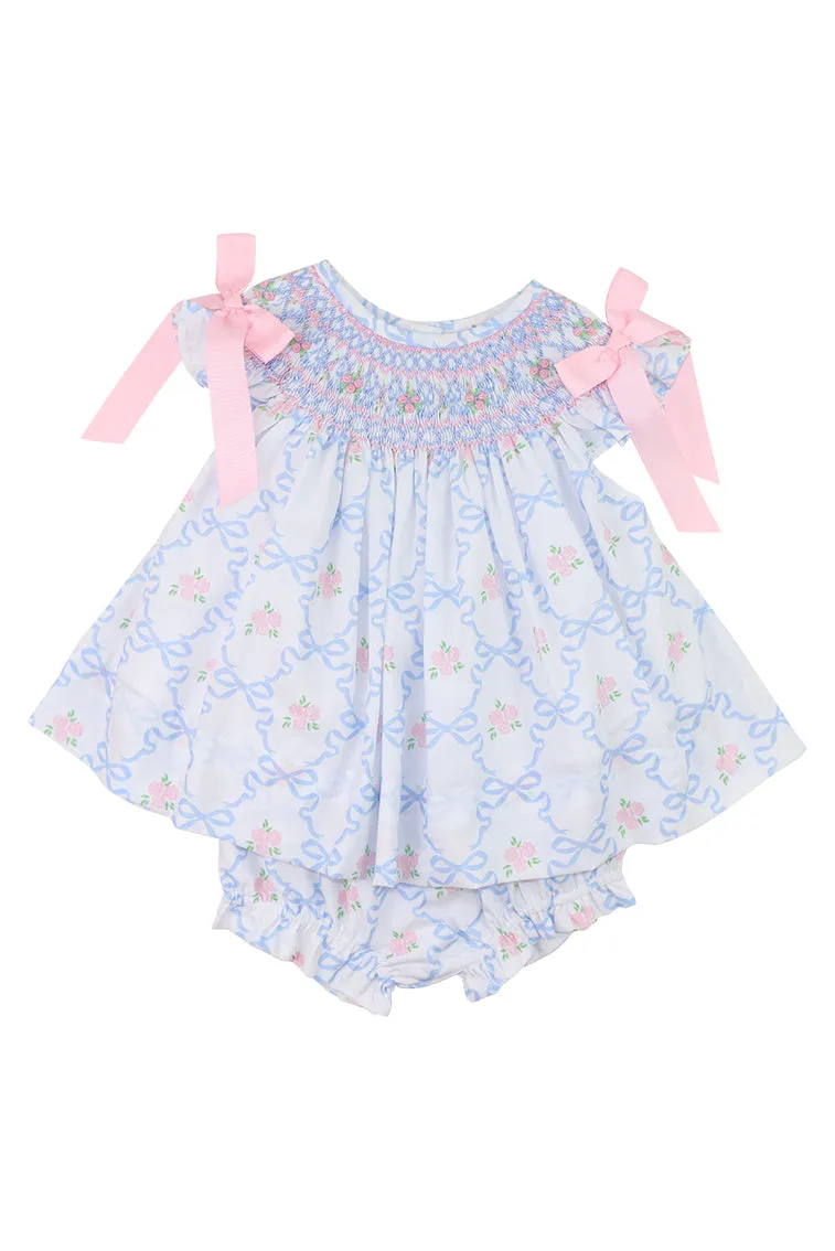 Cecil & Lou Baby Pink and Blue Bouquet Ribbon Smocked Diaper Set