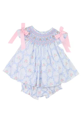 Cecil & Lou Baby Pink and Blue Bouquet Ribbon Smocked Diaper Set