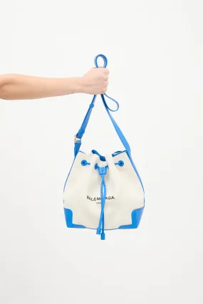 Cream & Blue Leather Canvas Bucket Bag