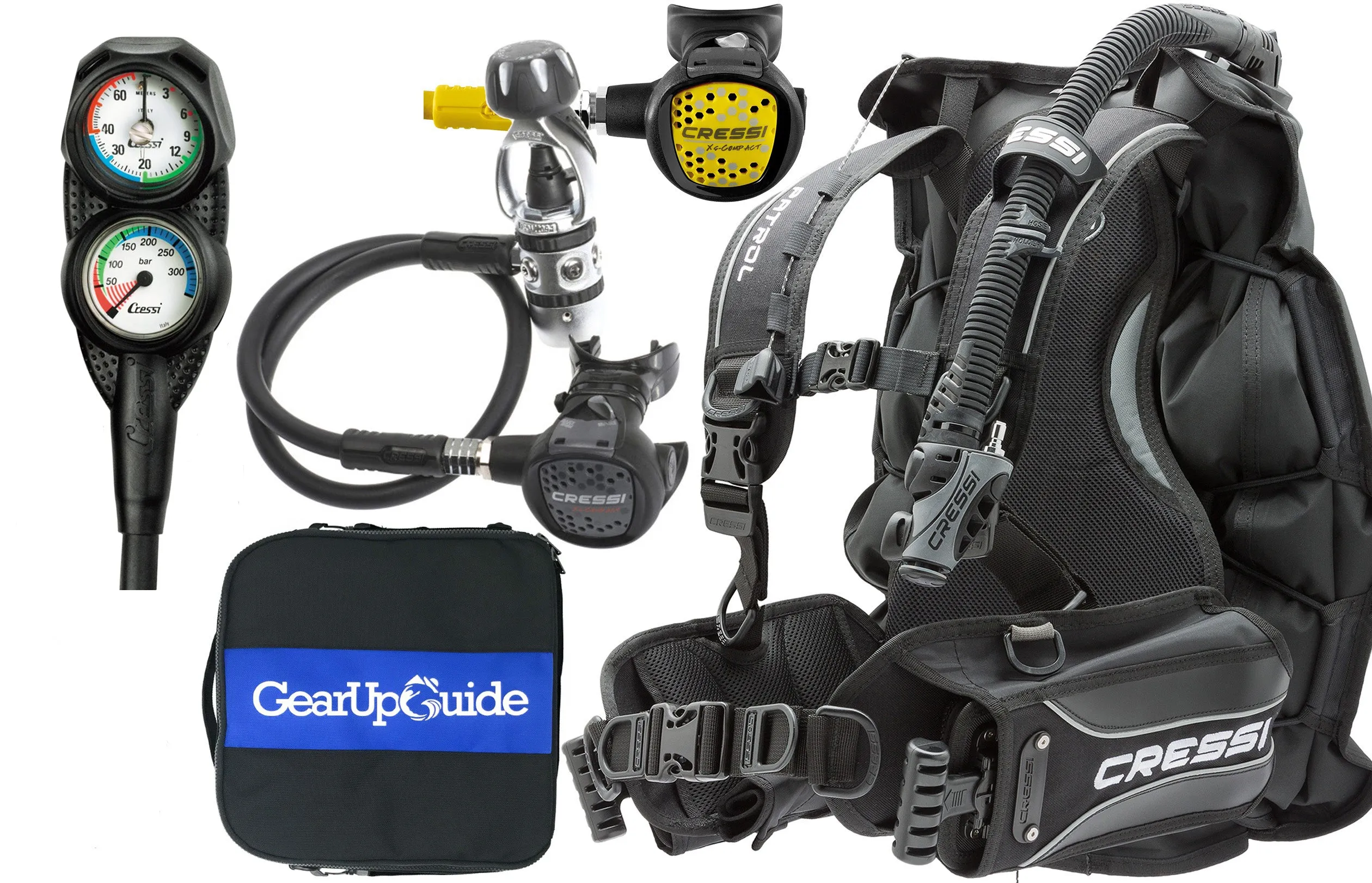 Cressi Patrol BCD Scuba Diving Gear w/ AC2 Compact Regulator, Compact Octo, Mini SPG PSI Gauge & GupG Regulator Bag