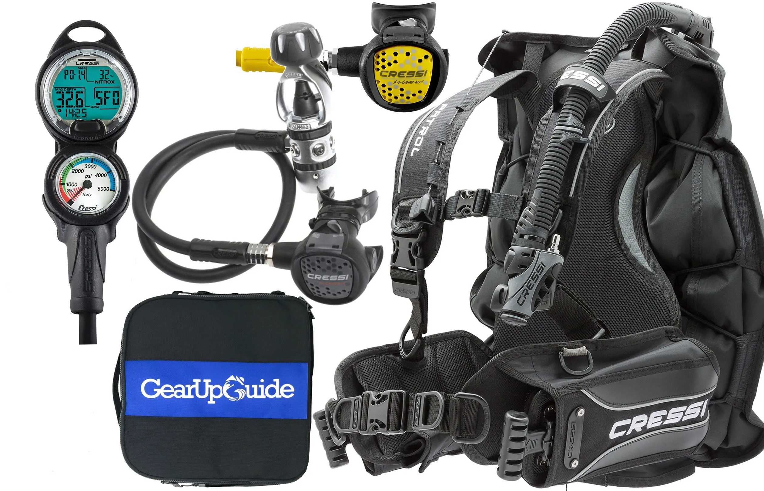 Cressi Patrol BCD Scuba Diving Gear w/ AC2 Compact Regulator, Compact Octo, Mini SPG PSI Gauge & GupG Regulator Bag