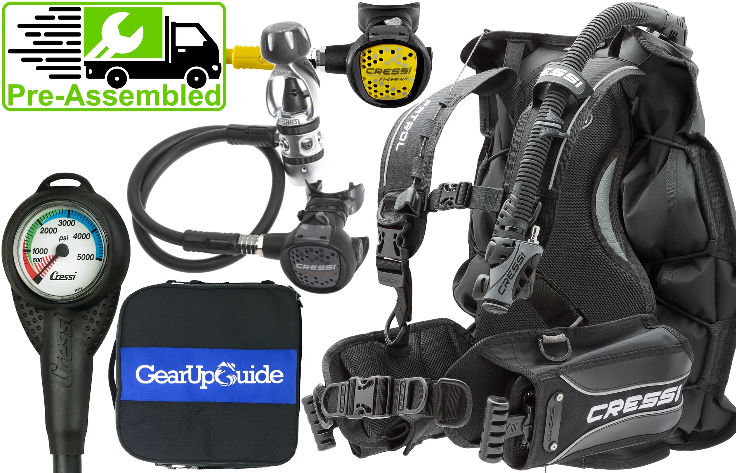 Cressi Patrol BCD Scuba Diving Gear w/ AC2 Compact Regulator, Compact Octo, Mini SPG PSI Gauge & GupG Regulator Bag