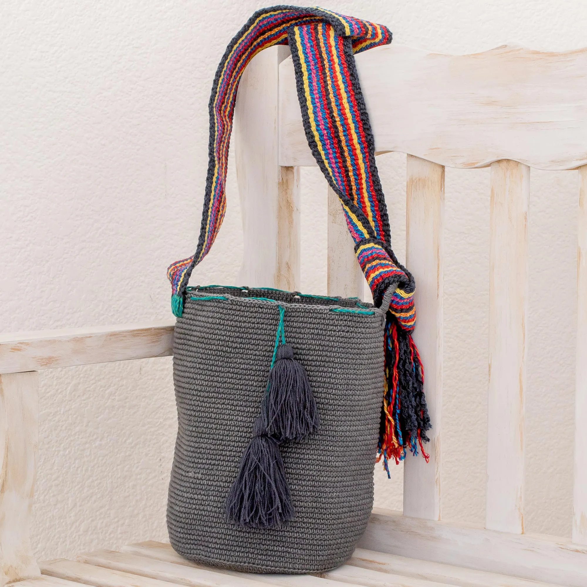 Crocheted Cotton Bucket Bag in Smoke from Guatemala - Smoke Texture | NOVICA