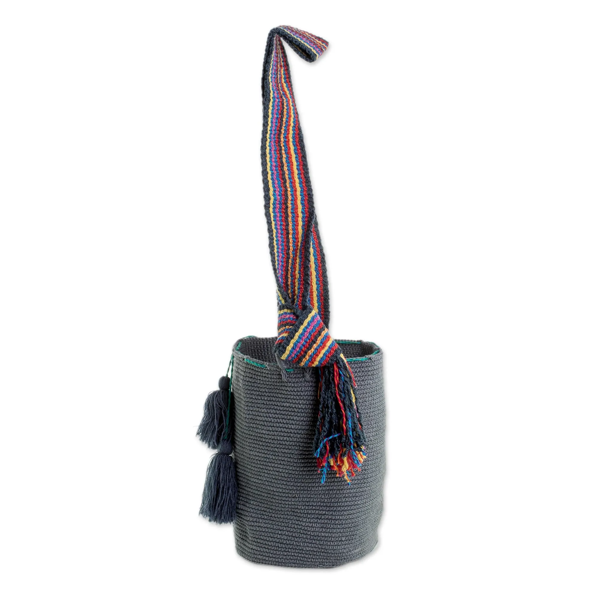 Crocheted Cotton Bucket Bag in Smoke from Guatemala - Smoke Texture | NOVICA