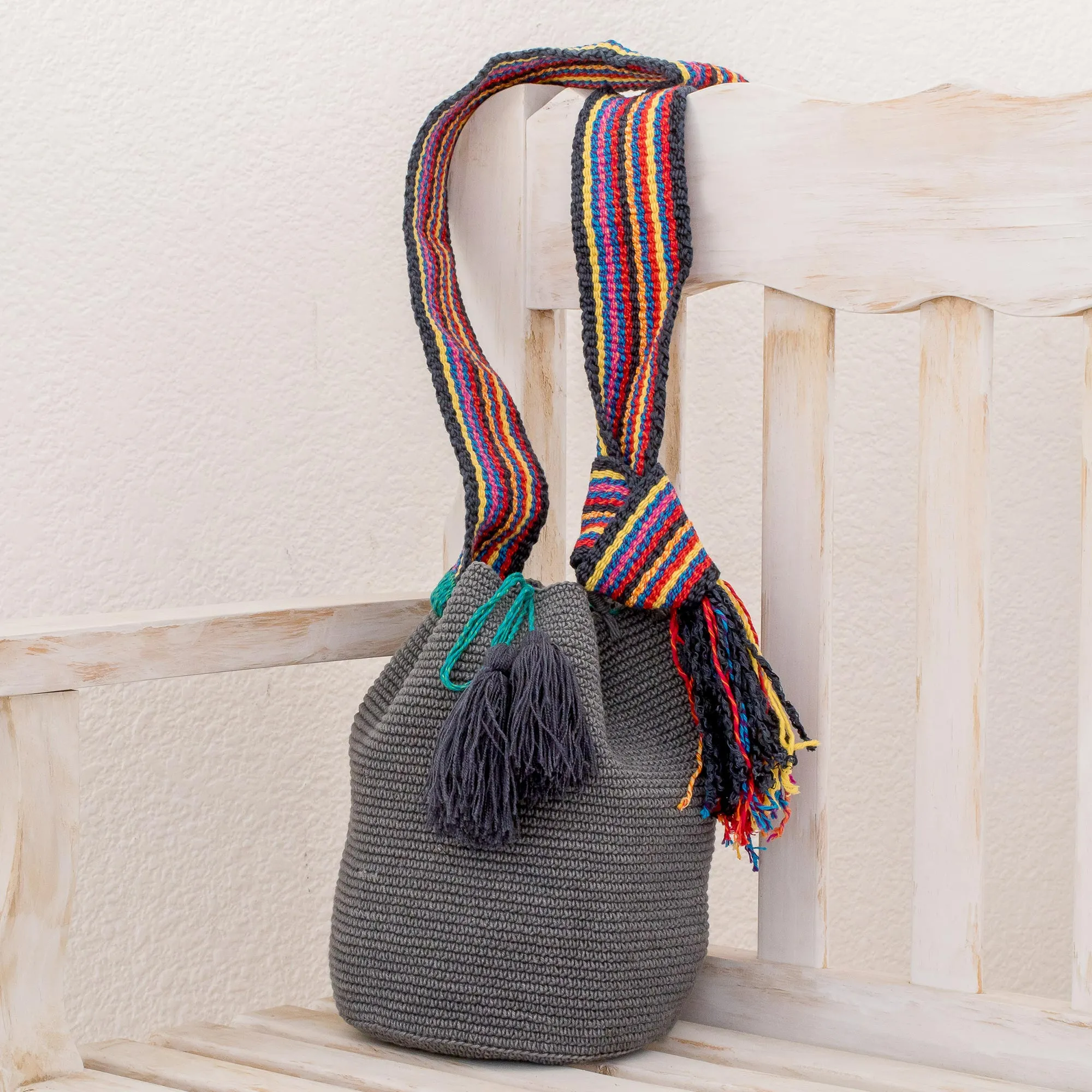 Crocheted Cotton Bucket Bag in Smoke from Guatemala - Smoke Texture | NOVICA