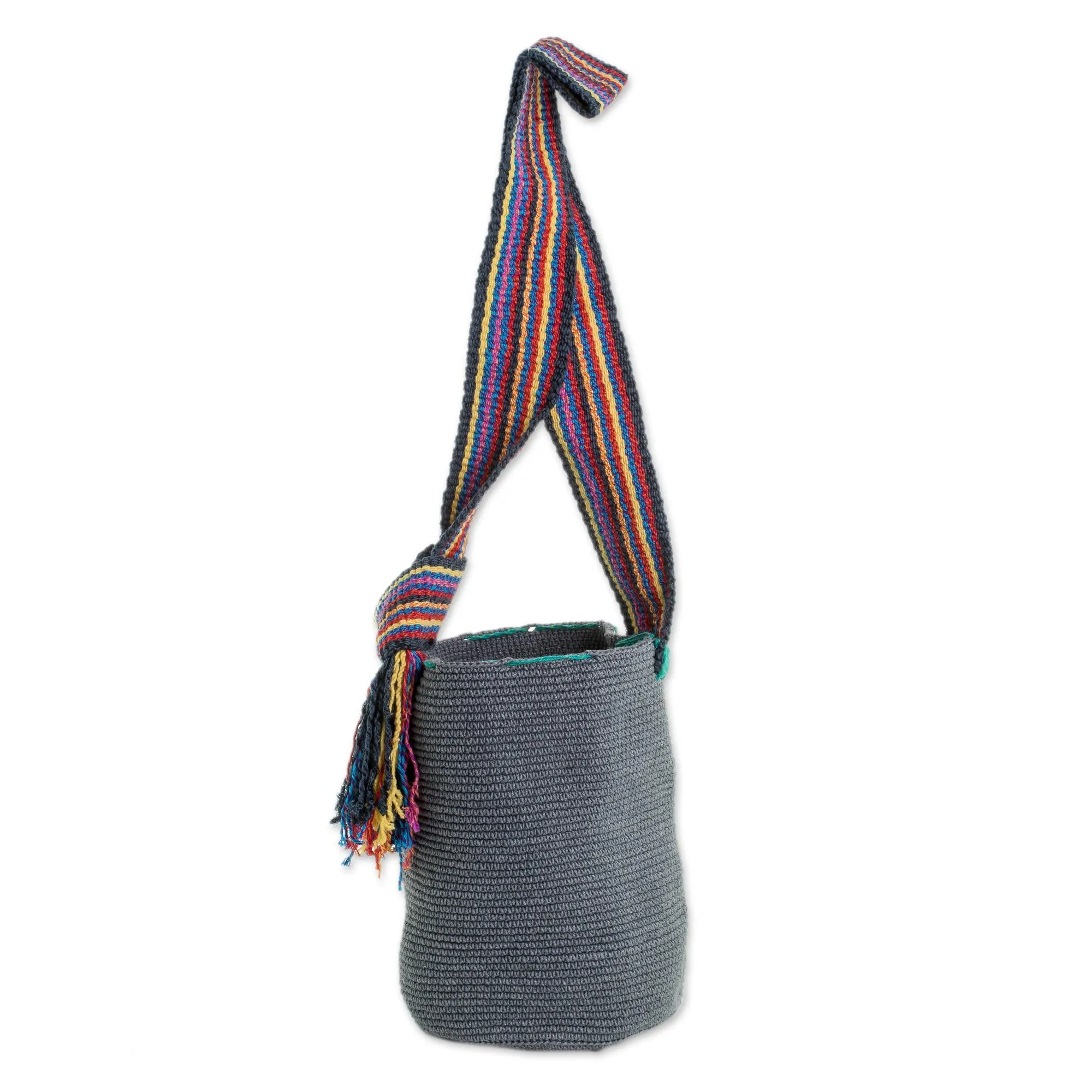 Crocheted Cotton Bucket Bag in Smoke from Guatemala - Smoke Texture | NOVICA