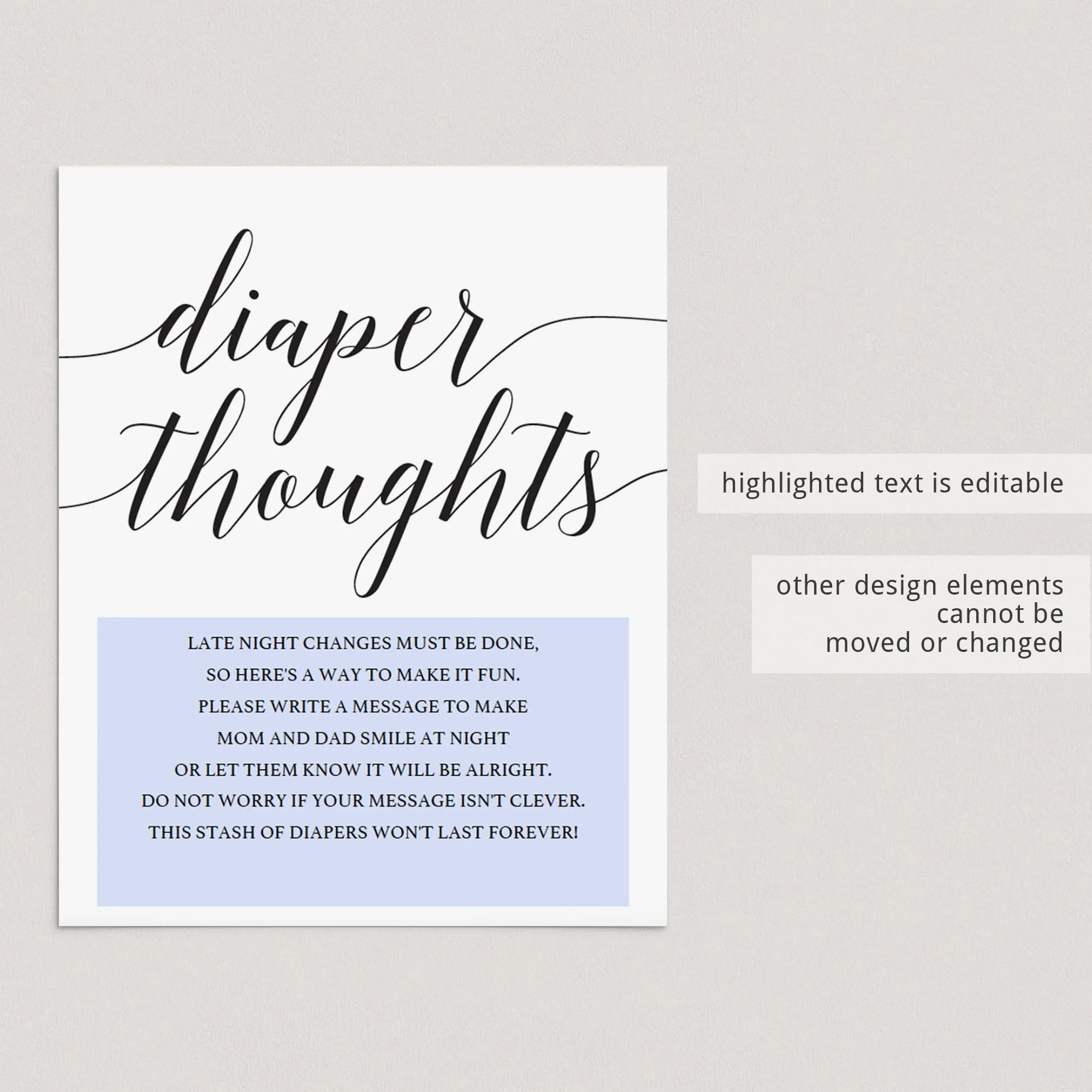 Diaper Thoughts Game Template with Calligraphy Font