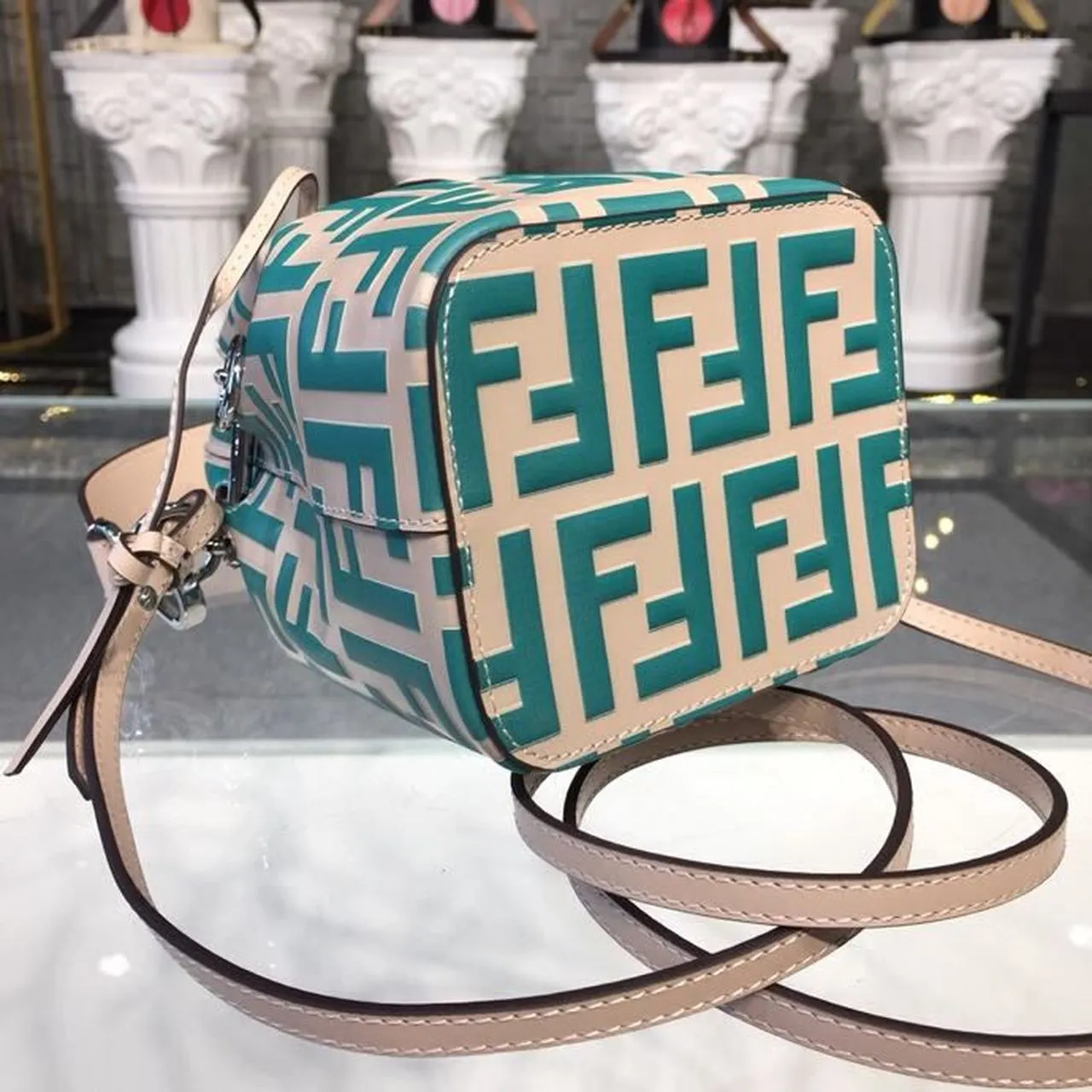 FI Mon Tresor Beige/Teal For Women, Women&#8217;s Handbags, Shoulder And Crossbody Bags 7in/18cm FF 8BS010