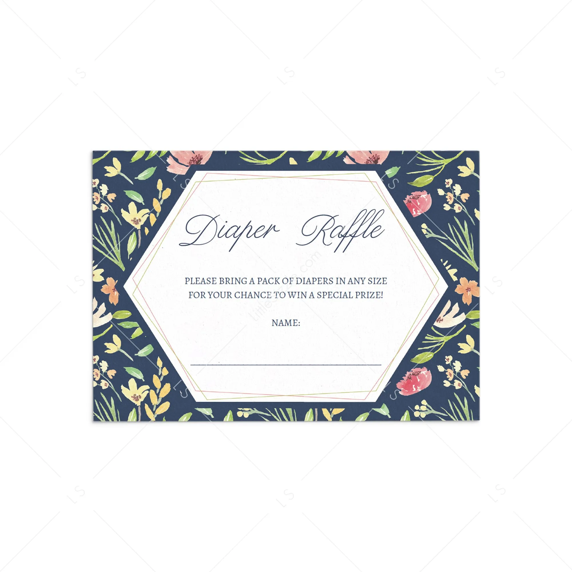 Floral Baby Shower Diaper Raffle Card Printable Navy, Pink, Green