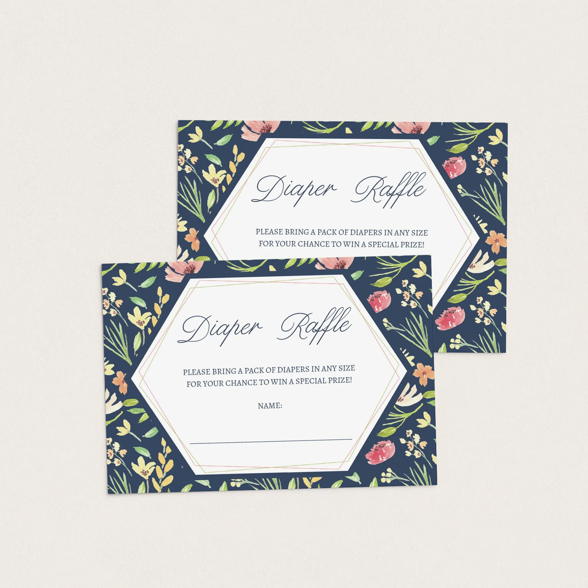 Floral Baby Shower Diaper Raffle Card Printable Navy, Pink, Green