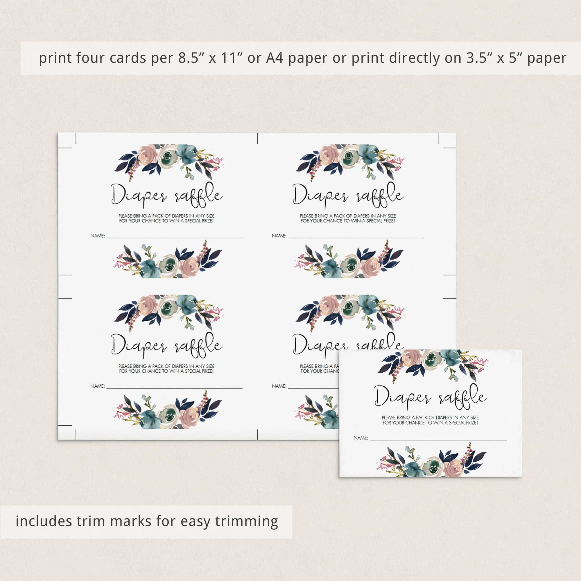 Floral Watercolor Baby Shower Diaper Raffle Ticket Template