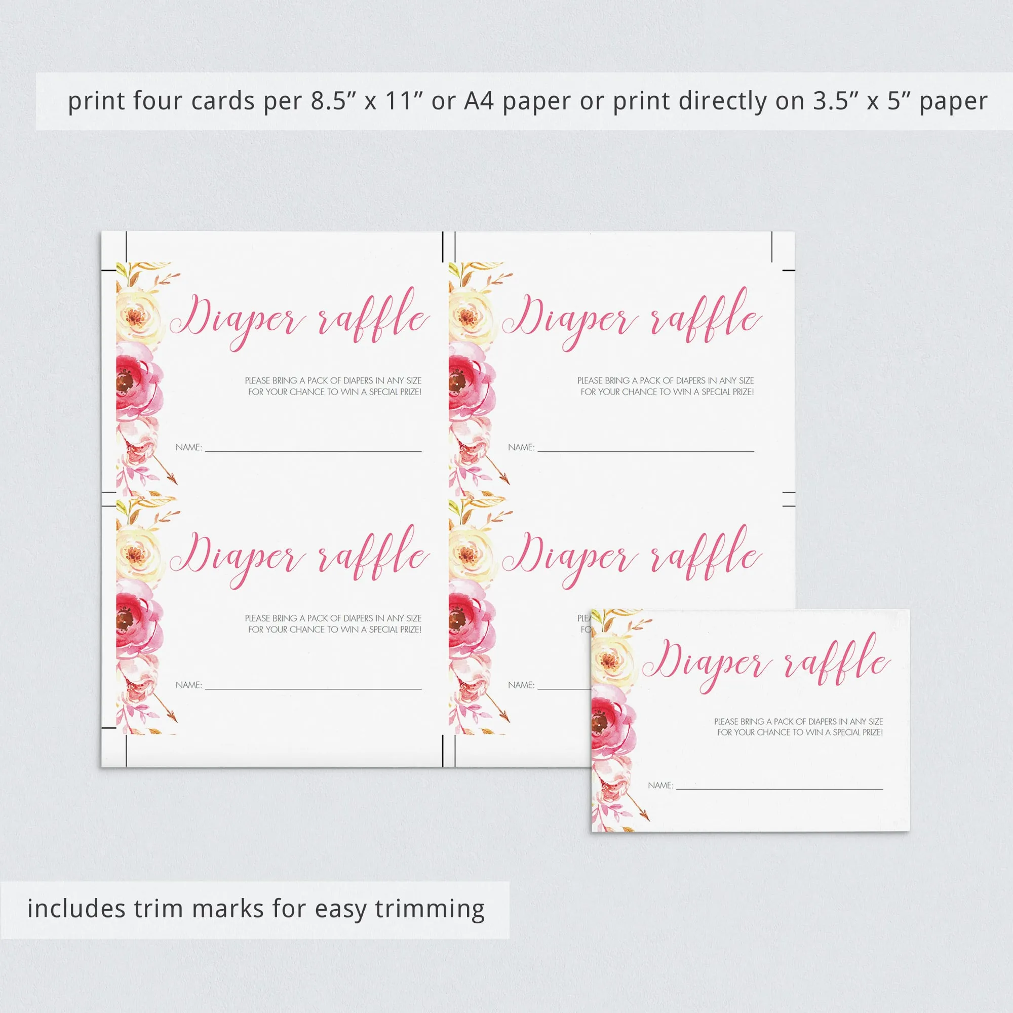 Girl Baby Shower Diaper Raffle Cards Editable