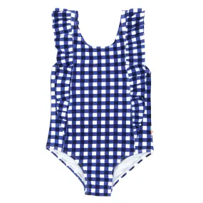 Girls Ruffle One-Piece Swimsuit | "Too Sweet" Navy Gingham