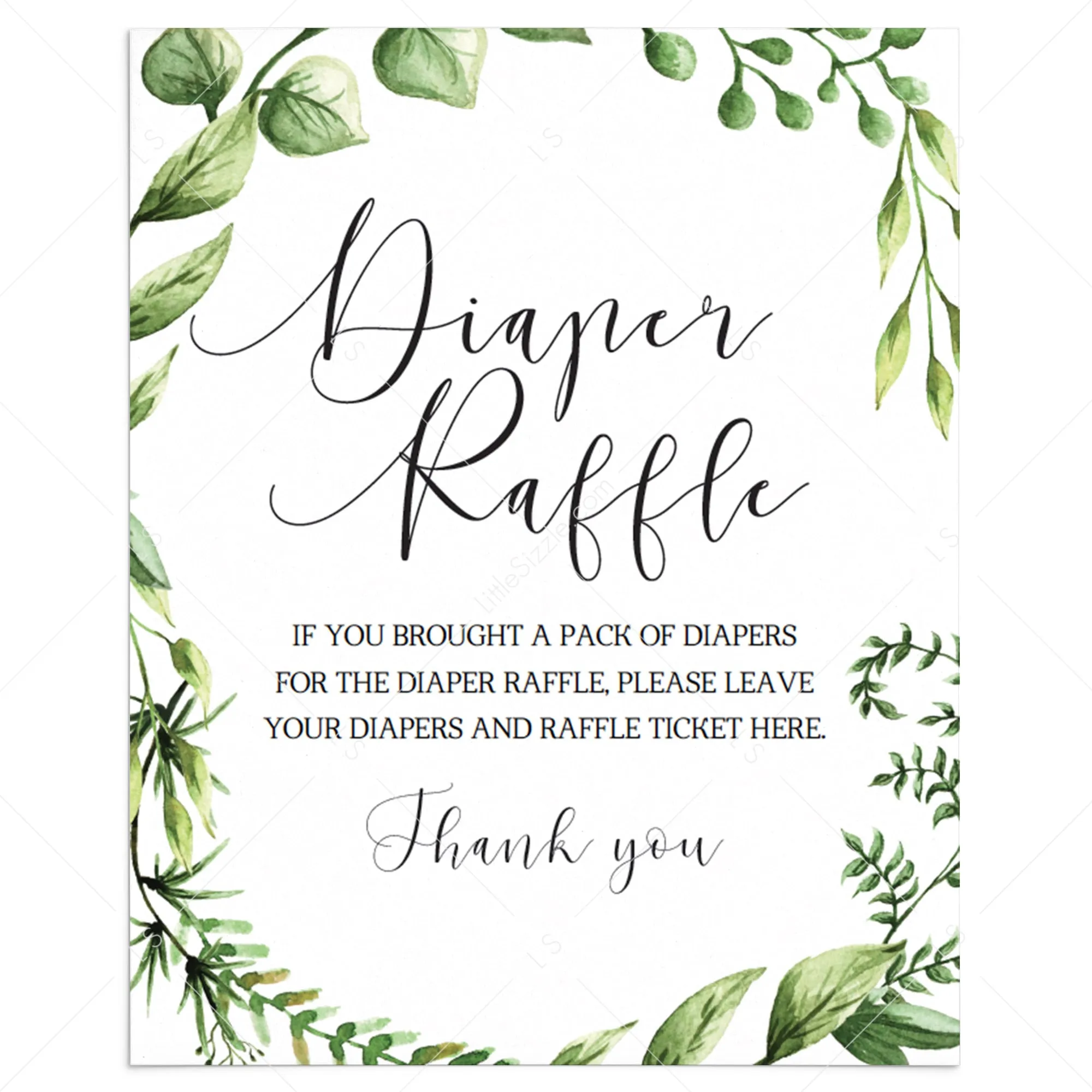 Greenary Baby Shower Diaper Raffle Sign Template