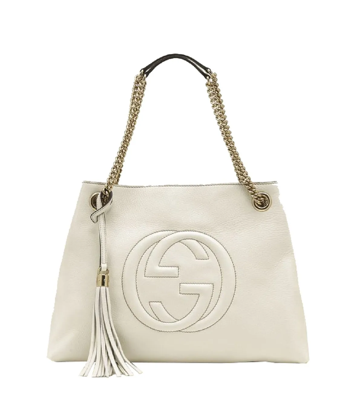 Gucci Soho GG Pebbled Calfskin Medium Gold Chain Shoulder Bag Ivory