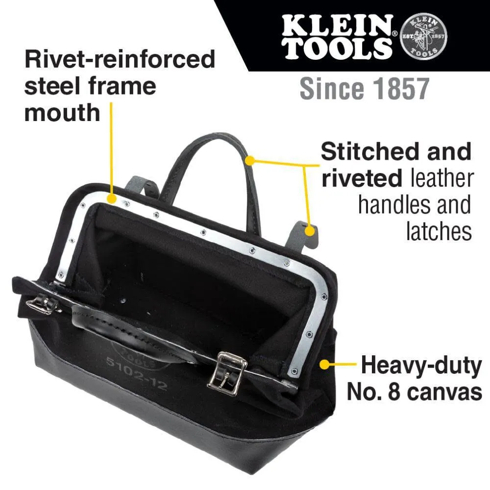 Klein Tools 510212BLK Heavy Duty Black Canvas Tool Bag, Tool Tote, Multi-Purpose Bag with Wide Hinged Opening and Leather Handles, 12-Inch