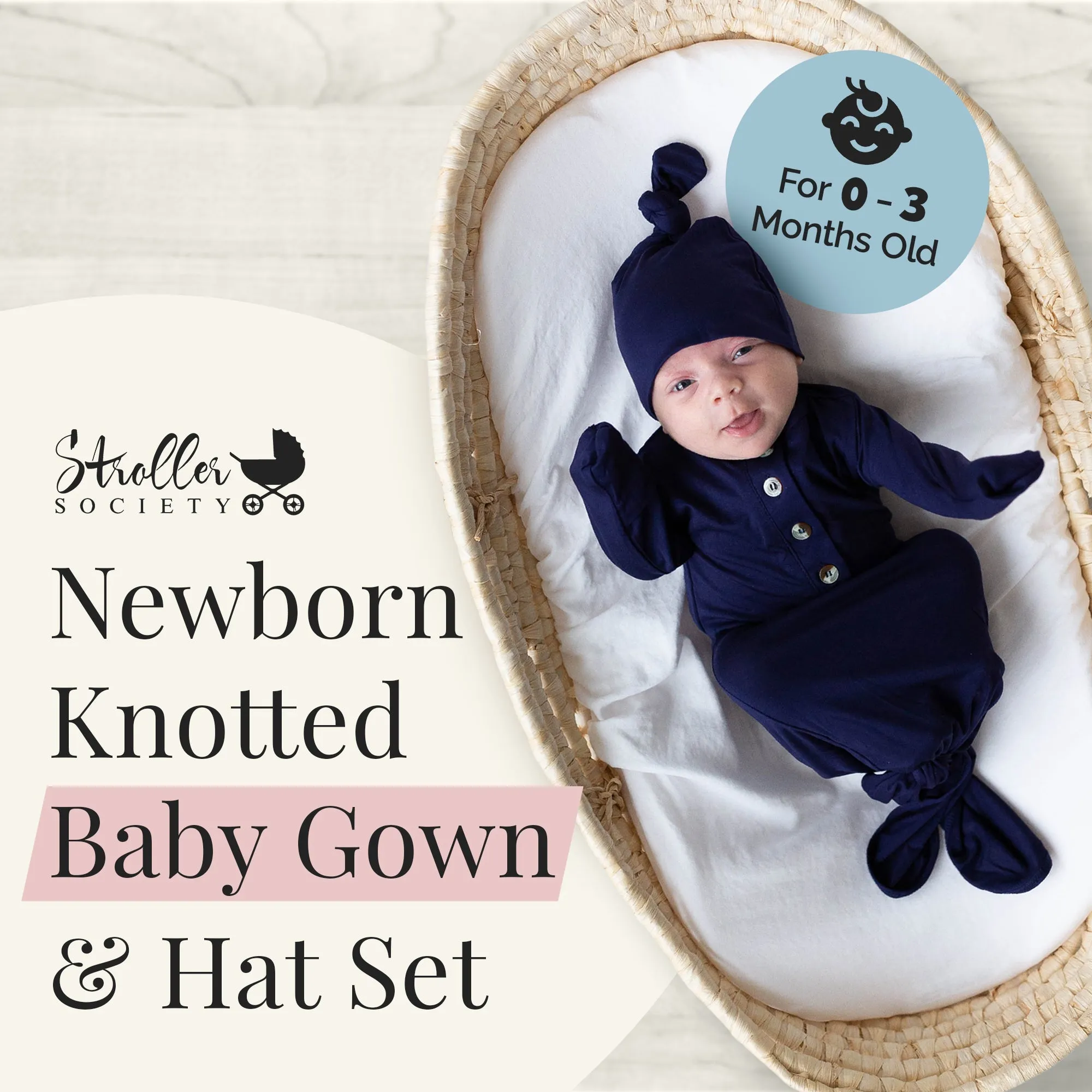 Knotted Baby Gown And Hat Set - Navy Blue (newborn-3 Months)