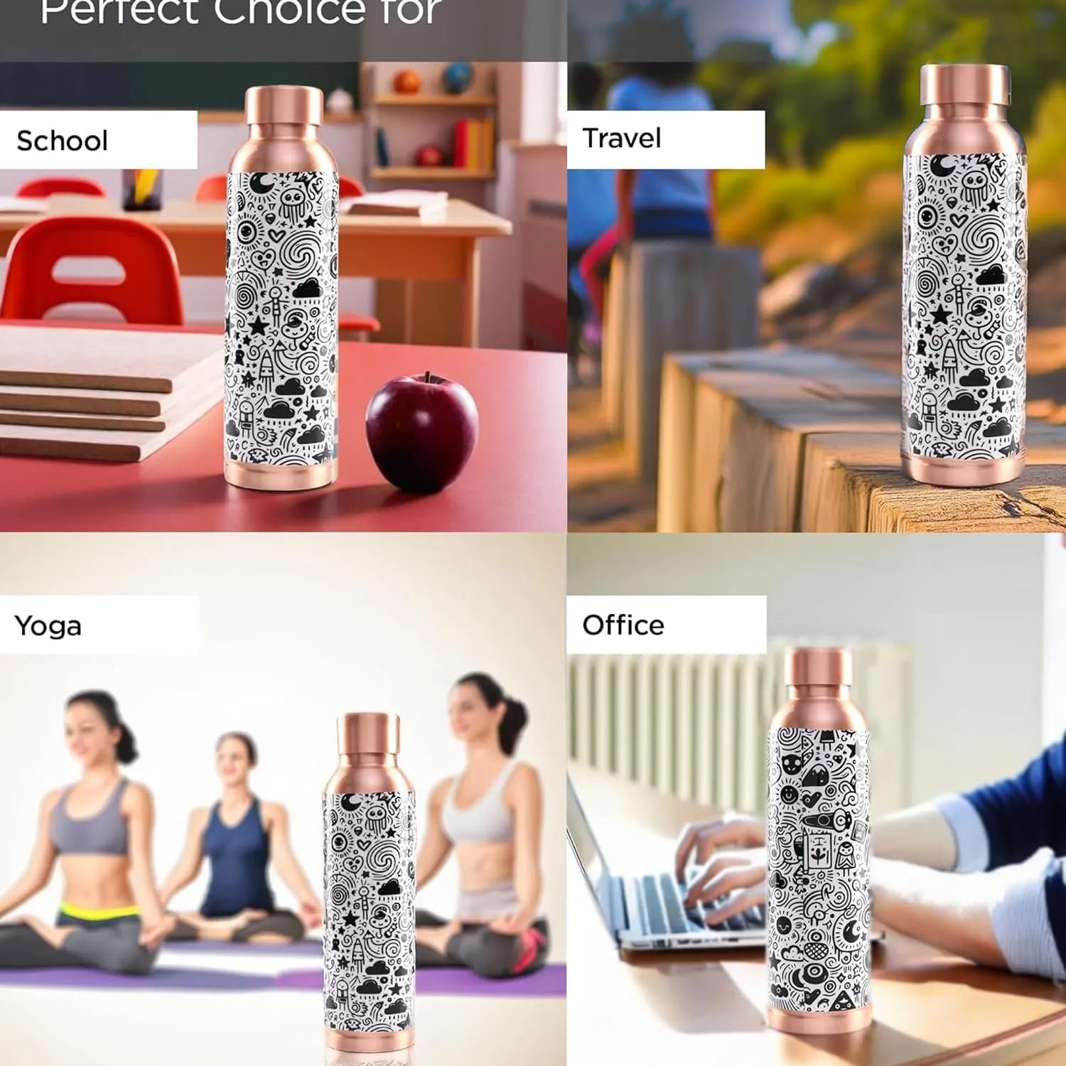 Kuber Industries Pack of 2 Copper Water Bottle - Eco-Friendly & Leakproof Tamaba Bottle for Office/Gym/Yoga/College, Men & Women | 950ml | Lining Design