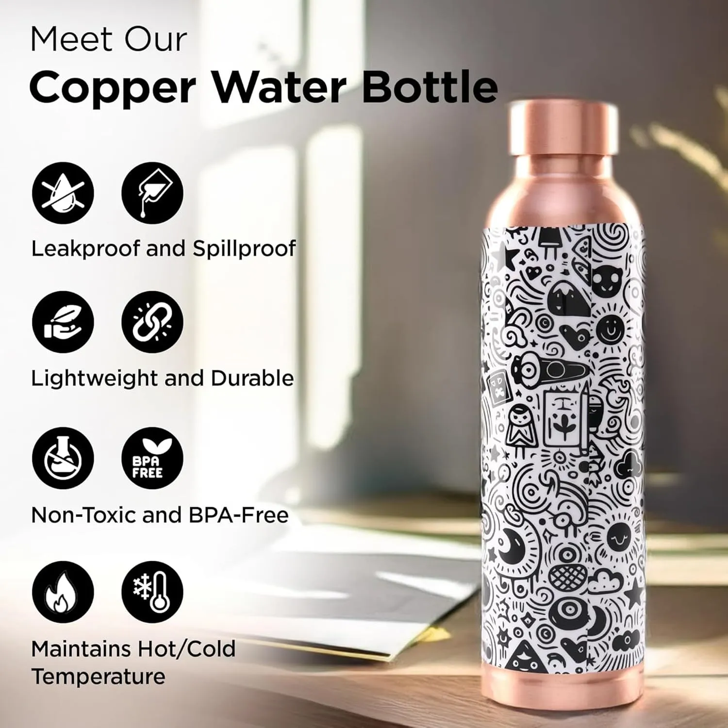 Kuber Industries Pack of 2 Copper Water Bottle - Eco-Friendly & Leakproof Tamaba Bottle for Office/Gym/Yoga/College, Men & Women | 950ml | Lining Design