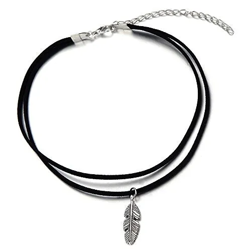 Ladies Womens Black Choker Necklace with Feather